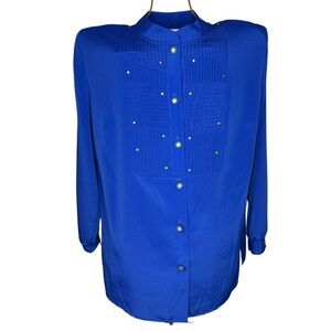 Vintage Regal Royal Blue Button Up Sheer Blouse - Gold Accents / Buttons - Sz L